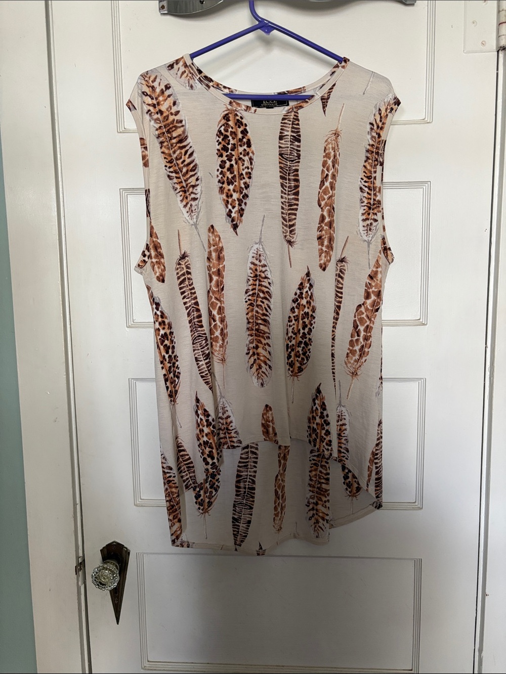 Sleeveless Feather-Print High Low Tank Top Neutral Browns Size 2X